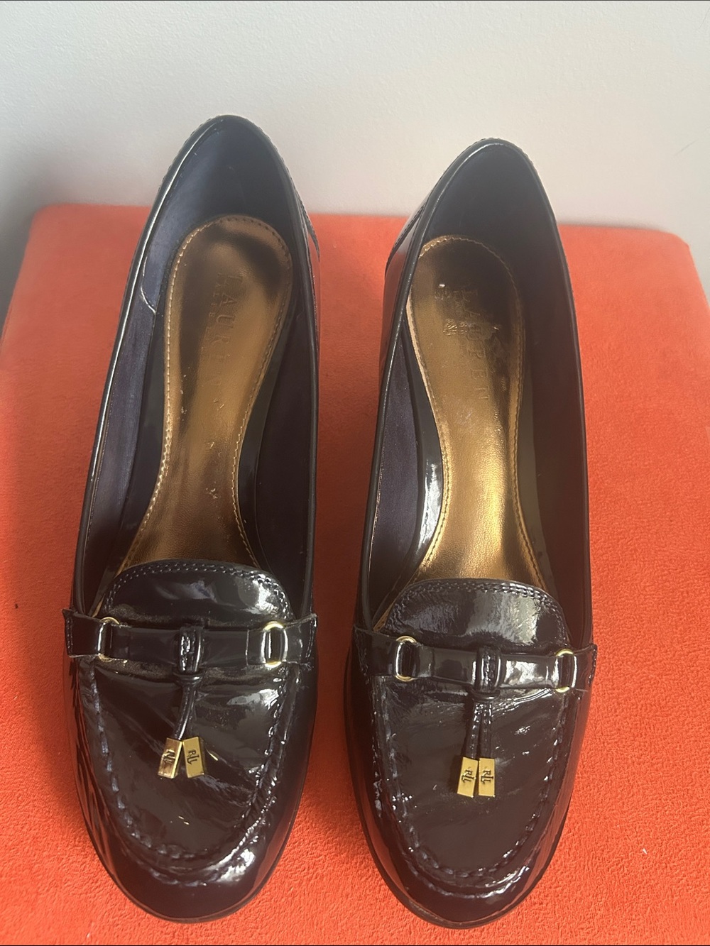 Lauren Ralph Lauren Navy Patent Loafers with Gold Accents